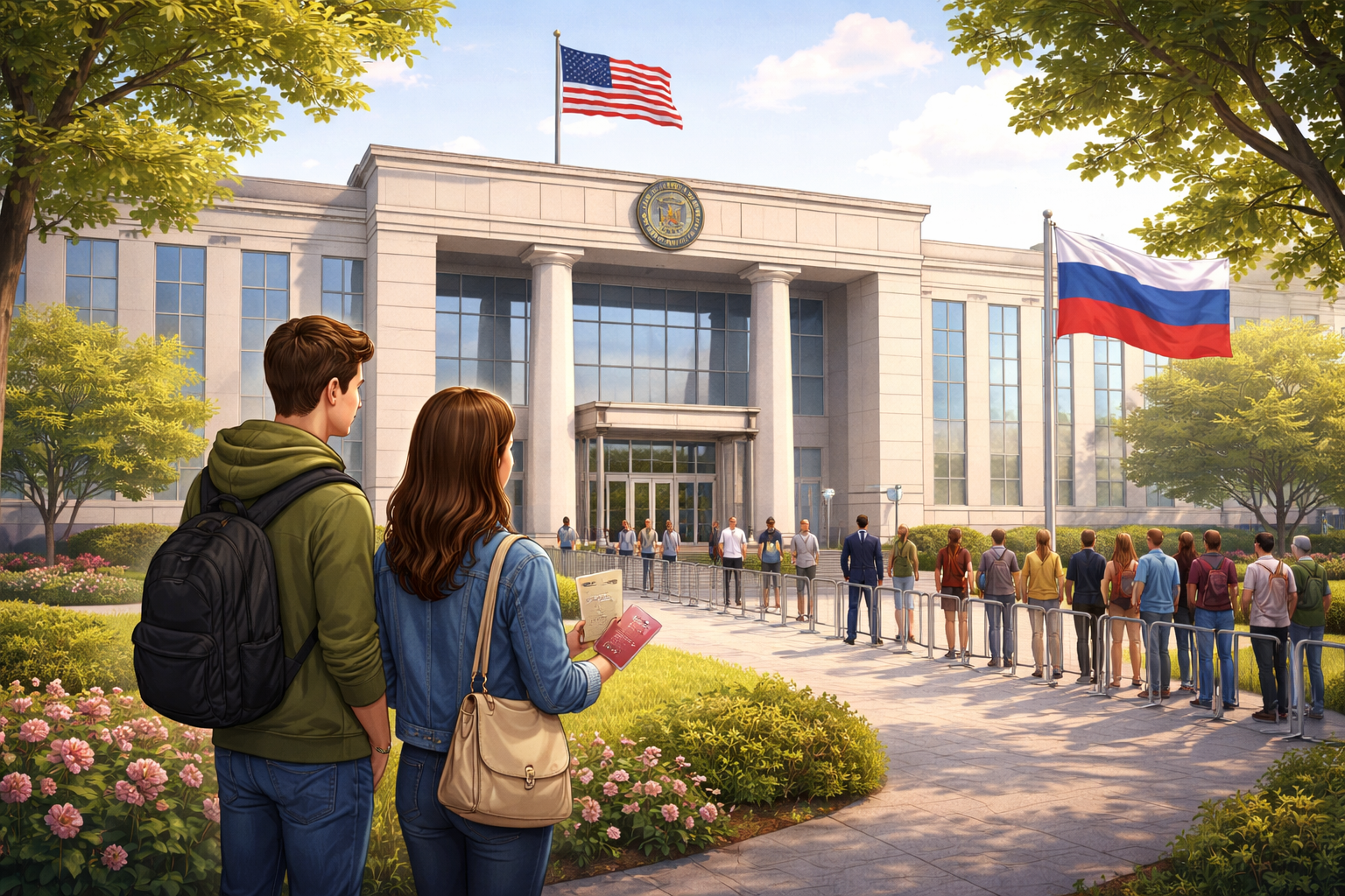 Здание посольства США, куда россияне подают на неиммиграционные визы в 2026 году