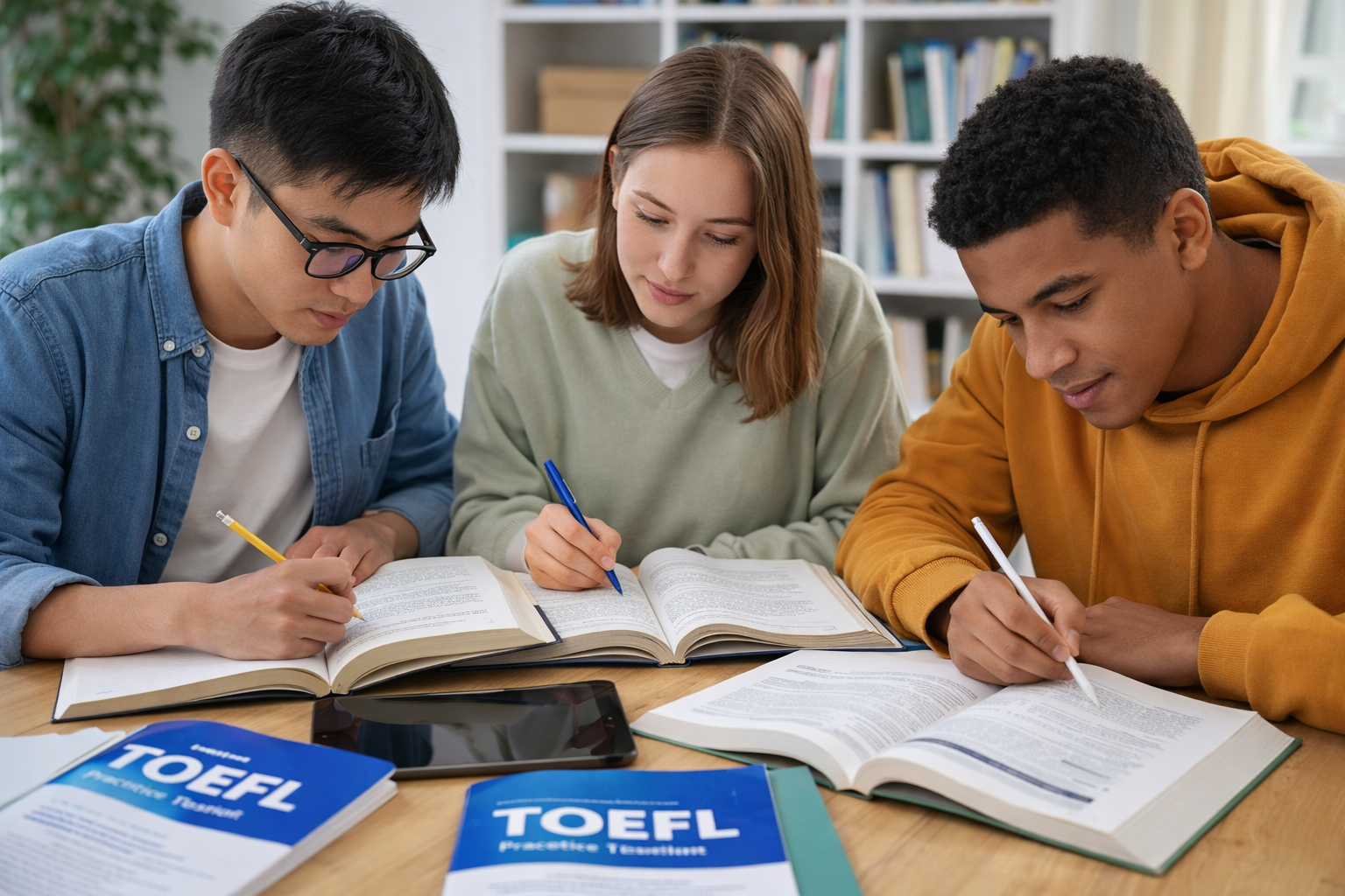 Изображение студентов, готовящихся к экзамену TOEFL с учебными материалам
